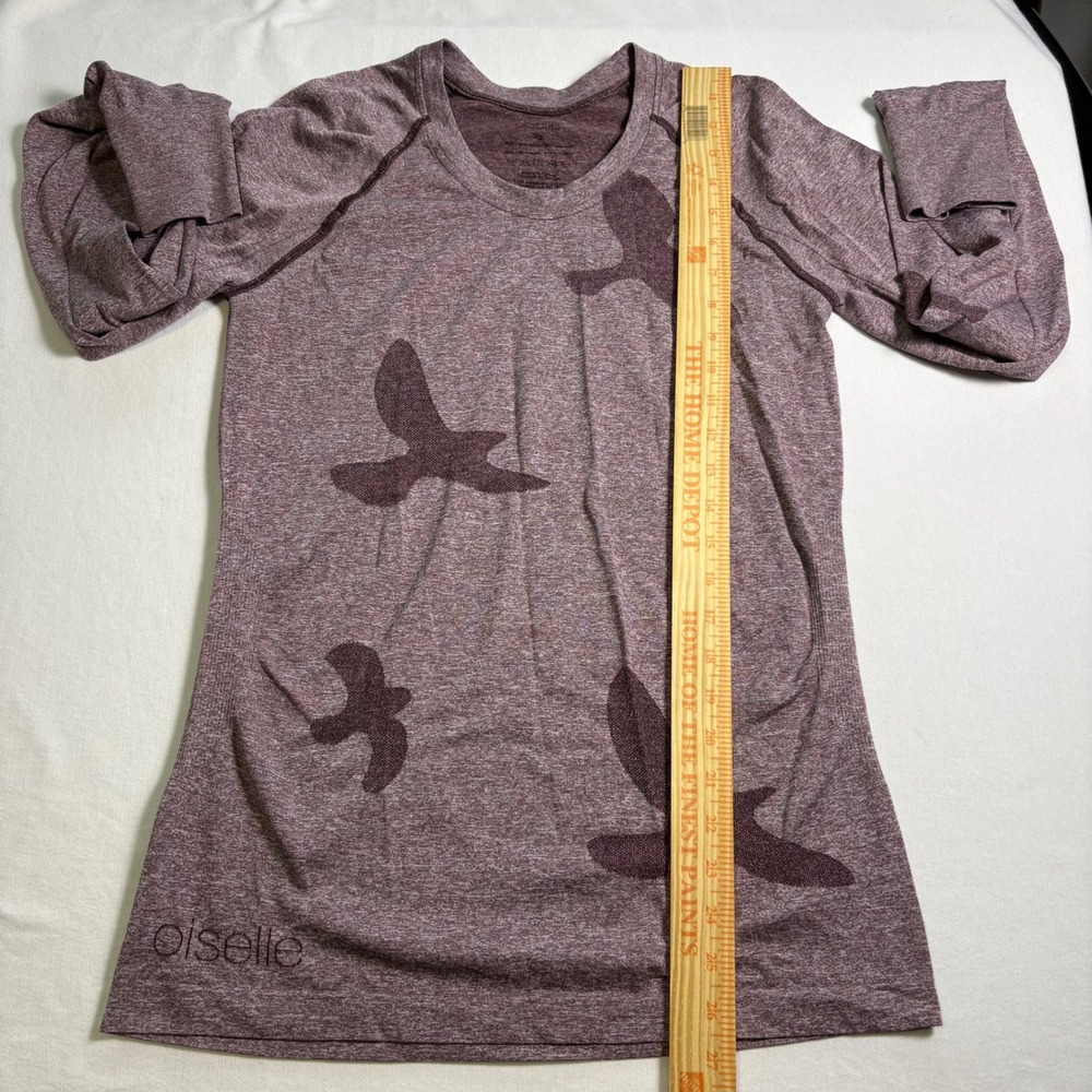 Oiselle Flyout Long Sleeve Top Size L Purple Bird Graphic Running Shirt MSRP $72 - Picture 4 of 6